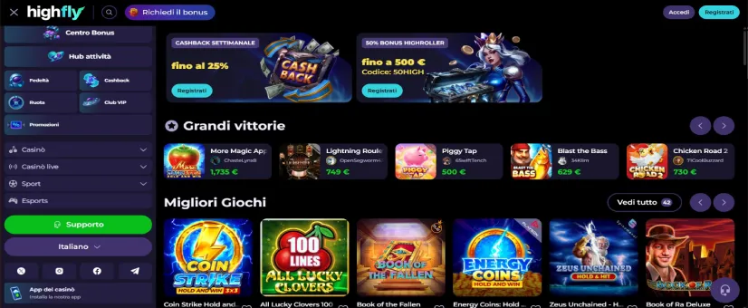 Screenshot della pagina principale di Highfly Casino