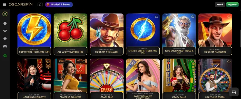 Screenshot della pagina principale di Oscarspin Casino