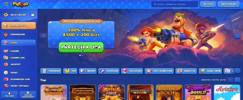 Screenshot della pagina principale di Pistolo Casino